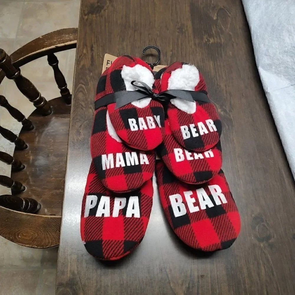 New Fuzzy Babba 3 Piece Slipper Set Mens Womens Kids Red Plaid